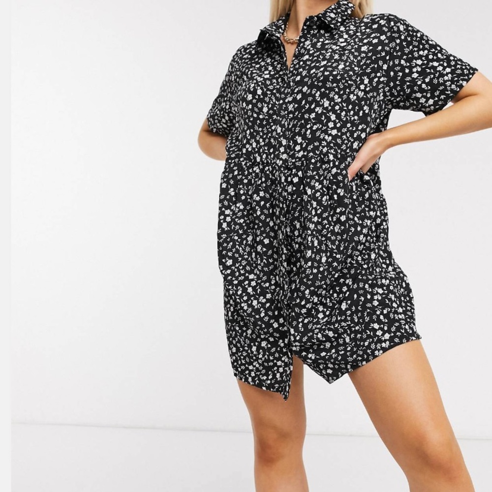 Misguided smock shirt dress in ditsy floral print